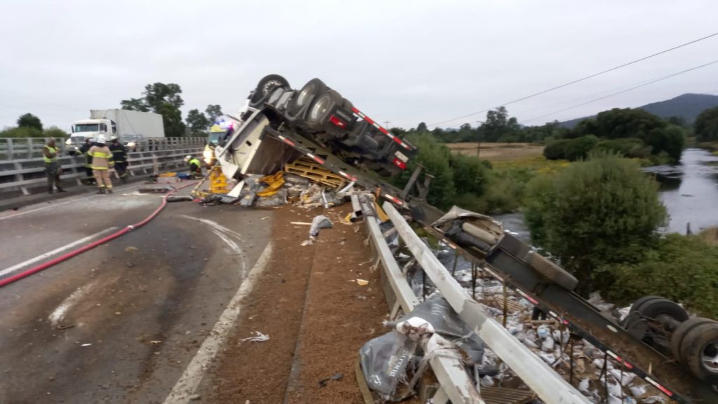 La Unión: Camión volcó con su carga de alimento para mascotas en la Ruta 5 Sur